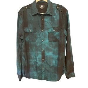 Rock & Republic Men's Button Shirt Metal Buttons Black Teal Acid Wash Y2K Lg